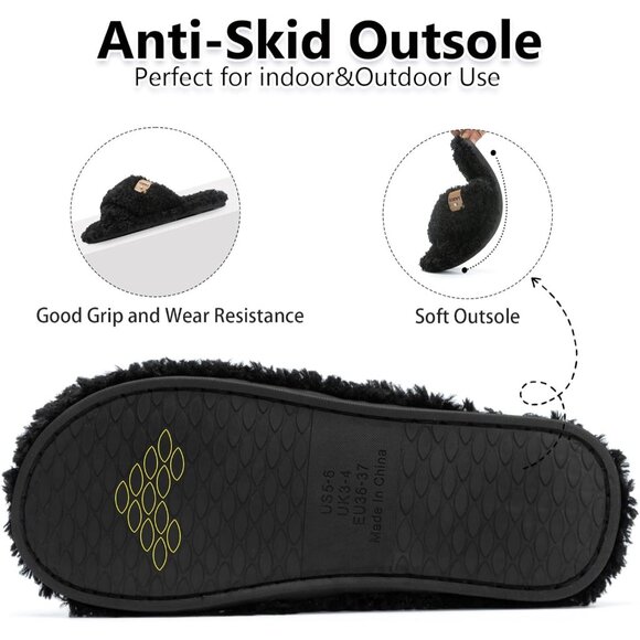 ⚡Women’s Black Faux Fur Cozy Fuzzy Cross Band Slippers Indoor House Shoes - Picture 5 of 6